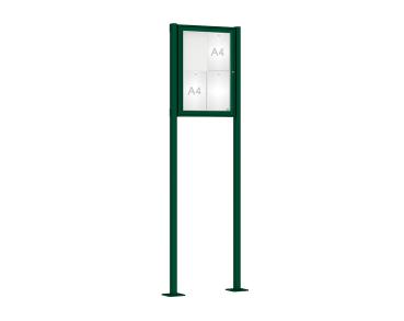Schaukasten Klassik mit Pfosten Farbe:RAL 6005|Abmessungen:4 A4 - B 550 x H 750 mm - Flügeltür|Pfosten:Pfosten-Set auf Bodenplatten