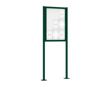 Schaukasten Klassik mit Pfosten Farbe:RAL 6005|Abmessungen:9 A4 - B 750 x H 1050 mm - Flügeltür|Pfosten:Pfosten-Set auf Bodenplatten