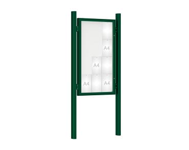 Schaukasten 1000 mit Quatro-Pfosten Farbe:RAL 6005|Abmessungen:12 A4 - B 750 x H 1350 mm - Flügeltür|Pfosten:Pfosten-Set zum Einbetonieren - Ohne Titelleiste
