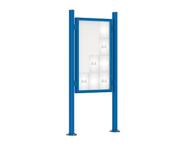 Schaukasten 1000 mit Quatro-Pfosten Farbe:RAL 5010|Abmessungen:12 A4 - B 750 x H 1350 mm - Flügeltür|Pfosten:Pfosten-Set auf Bodenplatten - Ohne Titelleiste