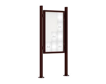Schaukasten 1000 mit Quatro-Pfosten Farbe:RAL 8017|Abmessungen:12 A4 - B 750 x H 1350 mm - Flügeltür|Pfosten:Pfosten-Set auf Bodenplatten - Ohne Titelleiste