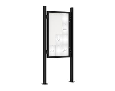 Schaukasten 1000 mit Quatro-Pfosten Farbe:RAL 9005|Abmessungen:12 A4 - B 750 x H 1350 mm - Flügeltür|Pfosten:Pfosten-Set auf Bodenplatten - Ohne Titelleiste