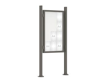 Schaukasten 1000 mit Quatro-Pfosten Farbe:Procity grau|Abmessungen:12 A4 - B 750 x H 1350 mm - Flügeltür|Pfosten:Pfosten-Set auf Bodenplatten - Ohne Titelleiste