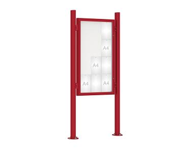 Schaukasten 1000 mit Quatro-Pfosten Farbe:RAL 3004|Abmessungen:12 A4 - B 750 x H 1350 mm - Flügeltür|Pfosten:Pfosten-Set auf Bodenplatten - Ohne Titelleiste