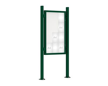 Schaukasten 1000 mit Quatro-Pfosten Farbe:RAL 6005|Abmessungen:12 A4 - B 750 x H 1350 mm - Flügeltür|Pfosten:Mittelpfosten auf Bodenplatte - Ohne Titelleiste
