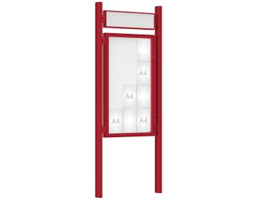 Schaukasten 1000 mit Quatro-Pfosten Farbe:RAL 3004|Abmessungen:12 A4 - B 750 x H 1350 mm - Flügeltür|Pfosten:Pfosten-Set zum Einbetonieren - Mit Titelleiste