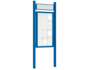 Schaukasten 1000 mit Quatro-Pfosten Farbe:RAL 5010|Abmessungen:12 A4 - B 750 x H 1350 mm - Flügeltür|Pfosten:Pfosten-Set zum Einbetonieren - Mit Titelleiste