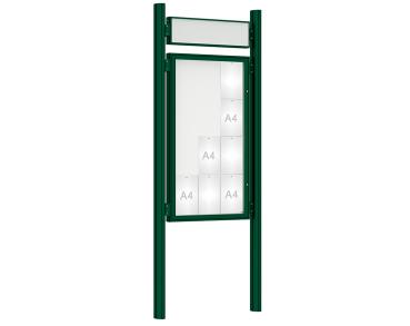 Schaukasten 1000 mit Quatro-Pfosten Farbe:RAL 6005|Abmessungen:12 A4 - B 750 x H 1350 mm - Flügeltür|Pfosten:Pfosten-Set zum Einbetonieren - Mit Titelleiste