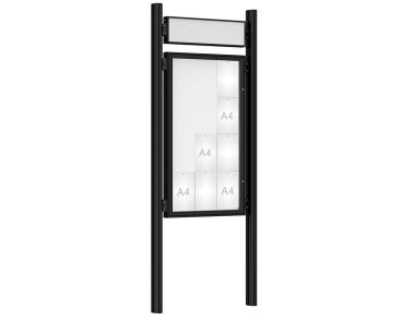 Schaukasten 1000 mit Quatro-Pfosten Farbe:RAL 9005|Abmessungen:12 A4 - B 750 x H 1350 mm - Flügeltür|Pfosten:Pfosten-Set zum Einbetonieren - Mit Titelleiste