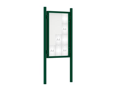 Schaukasten 1000 mit Pfosten Ø 76 mm Farbe:RAL 6005|Abmessungen:12 A4 - B 750 x H 1350 mm - Flügeltür|Pfosten:Pfosten-Set zum Einbetonieren - Ohne Titelleiste