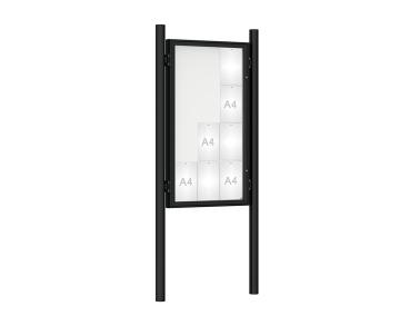 Schaukasten 1000 mit Pfosten Ø 76 mm Farbe:RAL 9005|Abmessungen:12 A4 - B 750 x H 1350 mm - Flügeltür|Pfosten:Pfosten-Set zum Einbetonieren - Ohne Titelleiste