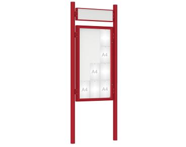 Schaukasten 1000 mit Pfosten Ø 76 mm Farbe:RAL 3004|Abmessungen:12 A4 - B 750 x H 1350 mm - Flügeltür|Pfosten:Pfosten-Set zum Einbetonieren - Mit Titelleiste