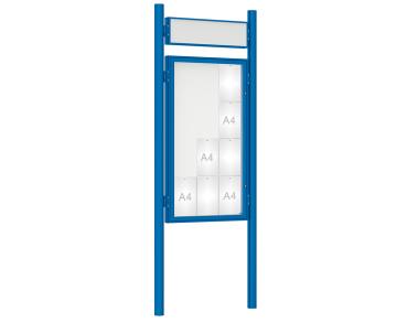 Schaukasten 1000 mit Pfosten Ø 76 mm Farbe:RAL 5010|Abmessungen:12 A4 - B 750 x H 1350 mm - Flügeltür|Pfosten:Pfosten-Set zum Einbetonieren - Mit Titelleiste