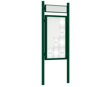 Schaukasten 1000 mit Pfosten Ø 76 mm Farbe:RAL 6005|Abmessungen:12 A4 - B 750 x H 1350 mm - Flügeltür|Pfosten:Pfosten-Set zum Einbetonieren - Mit Titelleiste