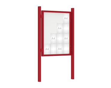 Schaukasten 1000 mit Quatro-Pfosten Farbe:RAL 3004|Abmessungen:16 A4 - B 1000 x H 1350 mm - Flügeltür|Pfosten:Pfosten-Set zum Einbetonieren - Ohne Titelleiste