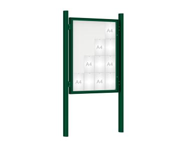 Schaukasten 1000 mit Quatro-Pfosten Farbe:RAL 6005|Abmessungen:16 A4 - B 1000 x H 1350 mm - Flügeltür|Pfosten:Pfosten-Set zum Einbetonieren - Ohne Titelleiste