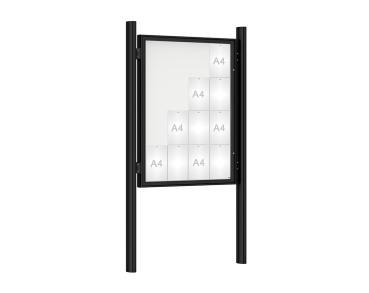 Schaukasten 1000 mit Quatro-Pfosten Farbe:RAL 9005|Abmessungen:16 A4 - B 1000 x H 1350 mm - Flügeltür|Pfosten:Pfosten-Set zum Einbetonieren - Ohne Titelleiste