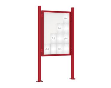 Schaukasten 1000 mit Quatro-Pfosten Farbe:RAL 3004|Abmessungen:16 A4 - B 1000 x H 1350 mm - Flügeltür|Pfosten:Pfosten-Set auf Bodenplatten - Ohne Titelleiste