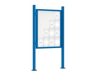 Schaukasten 1000 mit Quatro-Pfosten Farbe:RAL 5010|Abmessungen:16 A4 - B 1000 x H 1350 mm - Flügeltür|Pfosten:Pfosten-Set auf Bodenplatten - Ohne Titelleiste