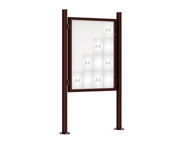 Schaukasten 1000 mit Quatro-Pfosten Farbe:RAL 8017|Abmessungen:16 A4 - B 1000 x H 1350 mm - Flügeltür|Pfosten:Pfosten-Set auf Bodenplatten - Ohne Titelleiste