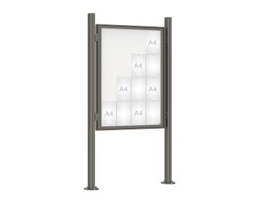 Schaukasten 1000 mit Quatro-Pfosten Farbe:Procity grau|Abmessungen:16 A4 - B 1000 x H 1350 mm - Flügeltür|Pfosten:Pfosten-Set auf Bodenplatten - Ohne Titelleiste
