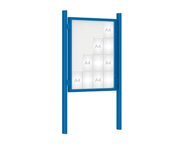Schaukasten 1000 mit Quatro-Pfosten Farbe:RAL 5010|Abmessungen:16 A4 - B 1000 x H 1350 mm - Flügeltür|Pfosten:Mittelpfosten zum Einbetonieren - Ohne Titelleiste