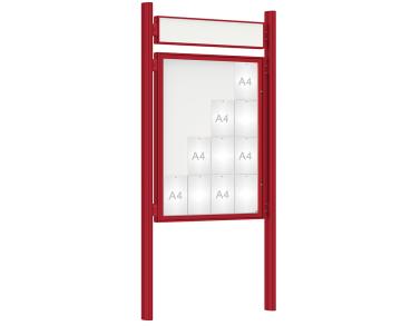Schaukasten 1000 mit Quatro-Pfosten Farbe:RAL 3004|Abmessungen:16 A4 - B 1000 x H 1350 mm - Flügeltür|Pfosten:Pfosten-Set zum Einbetonieren - Mit Titelleiste