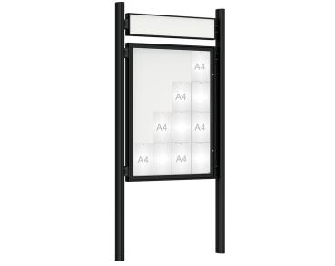 Schaukasten 1000 mit Quatro-Pfosten Farbe:RAL 9005|Abmessungen:16 A4 - B 1000 x H 1350 mm - Flügeltür|Pfosten:Pfosten-Set zum Einbetonieren - Mit Titelleiste