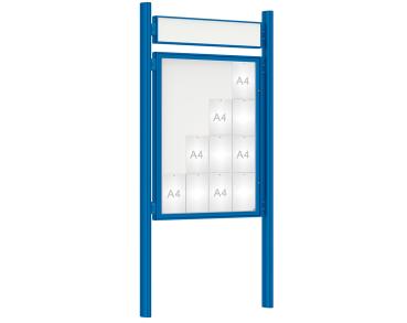 Schaukasten 1000 mit Quatro-Pfosten Farbe:RAL 5010|Abmessungen:16 A4 - B 1000 x H 1350 mm - Flügeltür|Pfosten:Mittelpfosten zum Einbetonieren - Mit Titelleiste