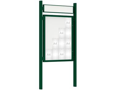 Schaukasten 1000 mit Quatro-Pfosten Farbe:RAL 6005|Abmessungen:16 A4 - B 1000 x H 1350 mm - Flügeltür|Pfosten:Mittelpfosten zum Einbetonieren - Mit Titelleiste