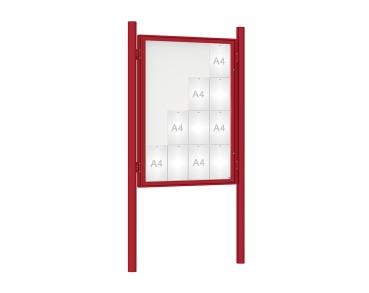Schaukasten 1000 mit Pfosten Ø 76 mm Farbe:RAL 3004|Abmessungen:16 A4 - B 1000 x H 1350 mm - Flügeltür|Pfosten:Pfosten-Set zum Einbetonieren - Ohne Titelleiste