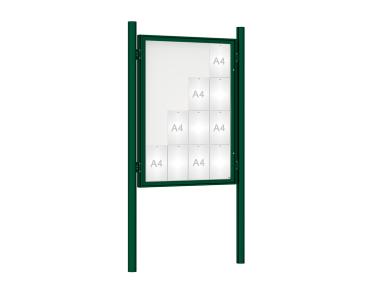Schaukasten 1000 mit Pfosten Ø 76 mm Farbe:RAL 6005|Abmessungen:16 A4 - B 1000 x H 1350 mm - Flügeltür|Pfosten:Pfosten-Set zum Einbetonieren - Ohne Titelleiste