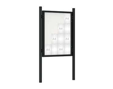 Schaukasten 1000 mit Pfosten Ø 76 mm Farbe:RAL 9005|Abmessungen:16 A4 - B 1000 x H 1350 mm - Flügeltür|Pfosten:Pfosten-Set zum Einbetonieren - Ohne Titelleiste