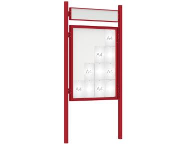 Schaukasten 1000 mit Pfosten Ø 76 mm Farbe:RAL 3004|Abmessungen:16 A4 - B 1000 x H 1350 mm - Flügeltür|Pfosten:Pfosten-Set zum Einbetonieren - Mit Titelleiste