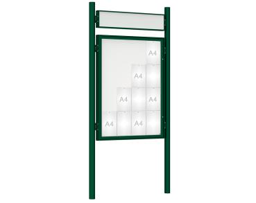 Schaukasten 1000 mit Pfosten Ø 76 mm Farbe:RAL 6005|Abmessungen:16 A4 - B 1000 x H 1350 mm - Flügeltür|Pfosten:Pfosten-Set zum Einbetonieren - Mit Titelleiste