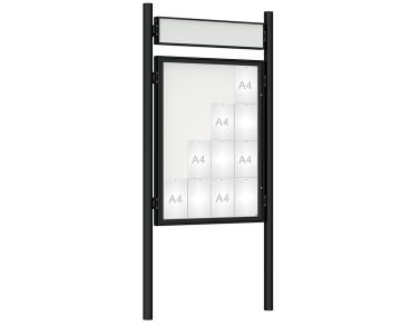 Schaukasten 1000 mit Pfosten Ø 76 mm Farbe:RAL 9005|Abmessungen:16 A4 - B 1000 x H 1350 mm - Flügeltür|Pfosten:Pfosten-Set zum Einbetonieren - Mit Titelleiste