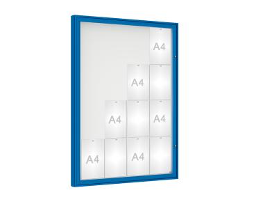 Schaukasten 1000 Farbe:RAL 5010|Verglasung:Plexichocs|Abmessungen:16 A4 – B 1000 x H 1350 mm
