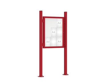 Schaukasten 1000 mit Quatro-Pfosten Farbe:RAL 3004|Abmessungen:9 A4 - B 750 x H 1000 mm - Flügeltür|Pfosten:Pfosten-Set auf Bodenplatten - Ohne Titelleiste