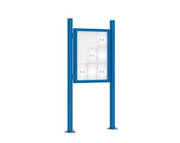 Schaukasten 1000 mit Quatro-Pfosten Farbe:RAL 5010|Abmessungen:9 A4 - B 750 x H 1000 mm - Flügeltür|Pfosten:Pfosten-Set auf Bodenplatten - Ohne Titelleiste
