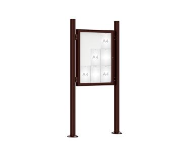 Schaukasten 1000 mit Quatro-Pfosten Farbe:RAL 8017|Abmessungen:9 A4 - B 750 x H 1000 mm - Flügeltür|Pfosten:Pfosten-Set auf Bodenplatten - Ohne Titelleiste