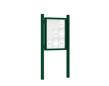 Schaukasten 1000 mit Quatro-Pfosten Farbe:RAL 6005|Abmessungen:9 A4 - B 750 x H 1000 mm - Flügeltür|Pfosten:Mittelpfosten zum Einbetonieren - Ohne Titelleiste