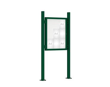 Schaukasten 1000 mit Quatro-Pfosten Farbe:RAL 6005|Abmessungen:9 A4 - B 750 x H 1000 mm - Flügeltür|Pfosten:Mittelpfosten auf Bodenplatte - Ohne Titelleiste