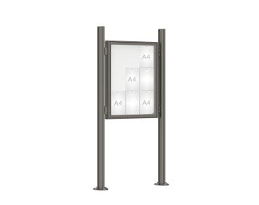 Schaukasten 1000 mit Quatro-Pfosten Farbe:Procity grau|Abmessungen:9 A4 - B 750 x H 1000 mm - Flügeltür|Pfosten:Mittelpfosten auf Bodenplatte - Ohne Titelleiste