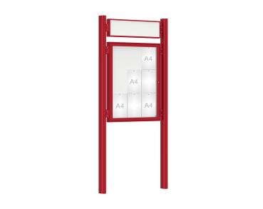 Schaukasten 1000 mit Quatro-Pfosten Farbe:RAL 3004|Abmessungen:9 A4 - B 750 x H 1000 mm - Flügeltür|Pfosten:Pfosten-Set zum Einbetonieren - Mit Titelleiste