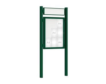 Schaukasten 1000 mit Quatro-Pfosten Farbe:RAL 6005|Abmessungen:9 A4 - B 750 x H 1000 mm - Flügeltür|Pfosten:Mittelpfosten zum Einbetonieren - Mit Titelleiste