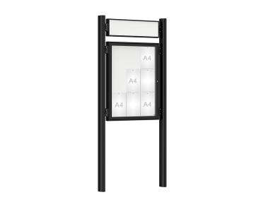 Schaukasten 1000 mit Quatro-Pfosten Farbe:RAL 9005|Abmessungen:9 A4 - B 750 x H 1000 mm - Flügeltür|Pfosten:Mittelpfosten zum Einbetonieren - Mit Titelleiste