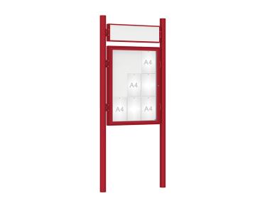 Schaukasten 1000 mit Pfosten Ø 76 mm Farbe:RAL 3004|Abmessungen:9 A4 - B 750 x H 1000 mm - Flügeltür|Pfosten:Pfosten-Set zum Einbetonieren - Mit Titelleiste