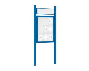 Schaukasten 1000 mit Pfosten Ø 76 mm Farbe:RAL 5010|Abmessungen:9 A4 - B 750 x H 1000 mm - Flügeltür|Pfosten:Pfosten-Set zum Einbetonieren - Mit Titelleiste