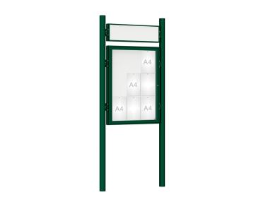 Schaukasten 1000 mit Pfosten Ø 76 mm Farbe:RAL 6005|Abmessungen:9 A4 - B 750 x H 1000 mm - Flügeltür|Pfosten:Pfosten-Set zum Einbetonieren - Mit Titelleiste