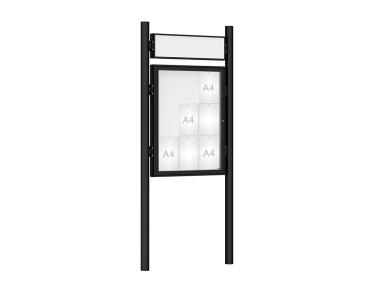 Schaukasten 1000 mit Pfosten Ø 76 mm Farbe:RAL 9005|Abmessungen:9 A4 - B 750 x H 1000 mm - Flügeltür|Pfosten:Pfosten-Set zum Einbetonieren - Mit Titelleiste